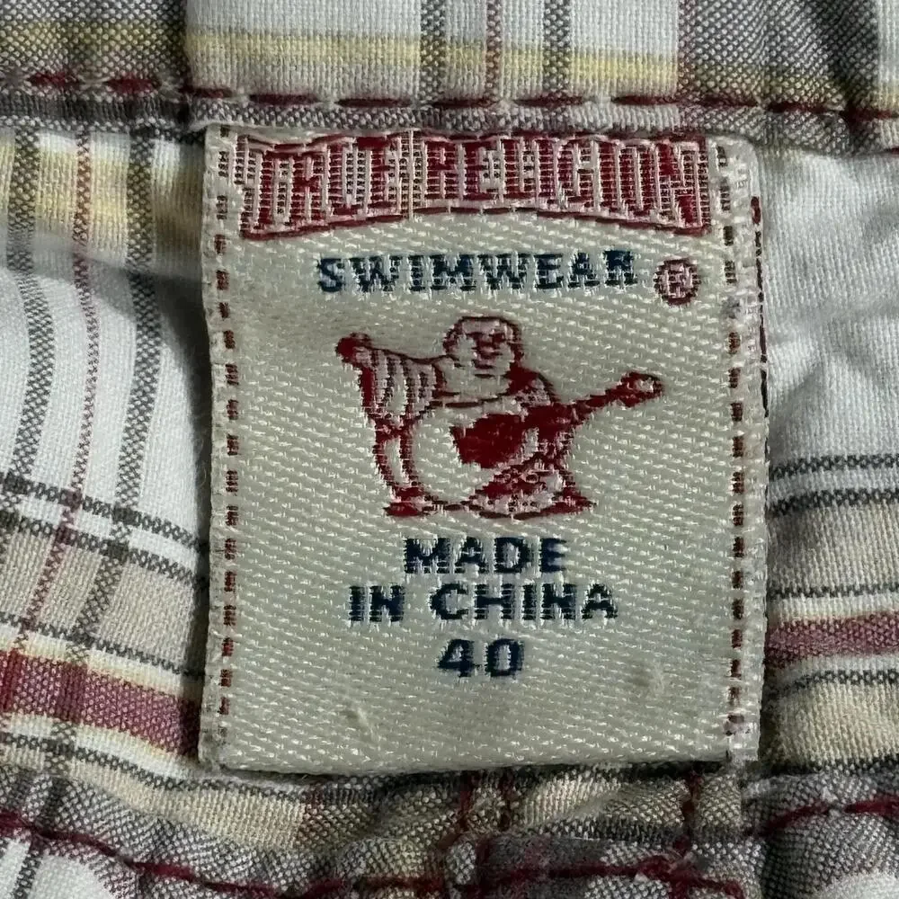 True Religion Swim Shorts Mens 40 Beige Plaid Cotton Twill Swimwear Pockets